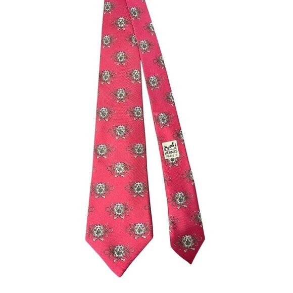 Hermes Silk Tie Drums And Ropes Pattern Burgundy Pink - Picture 2 of 7